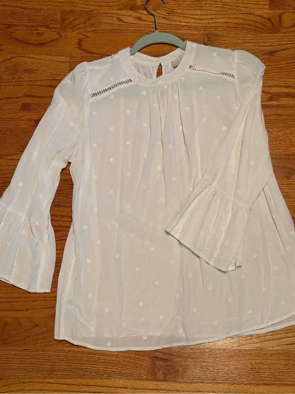 LOFT Swiss Dot Clip Lace Yoke Bell Sleeve Blouse/white Sz MP